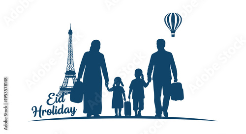 A family travels with luggage showcasing iconic landmarks during their eid holiday silhouette high quality professional