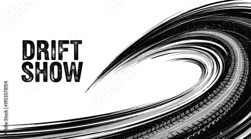 Black and white drift show tire track with text on isolated white background
