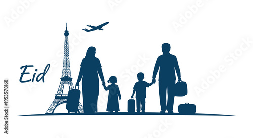 A family celebrates eid while traveling with luggage near iconic landmarks a dark silhouette high quality