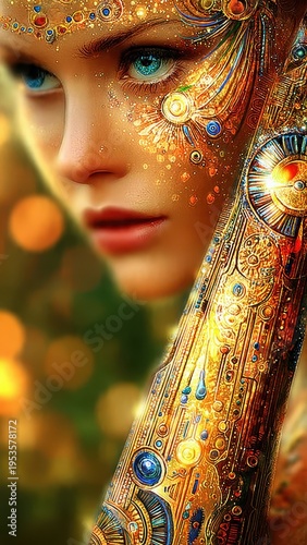 Ethereal Golden Enchantress with Sparkling Blue Eyes and Ornate Jewel Adornments, A Portrait of Fantasy Beauty and Mystery
