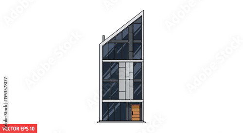 A vector illustration of a multi-story building with a slanted roof and glass facade.