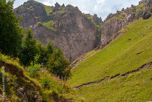 Tableau sur toile Rocky mountain cliffs and green hillside in summer landscape