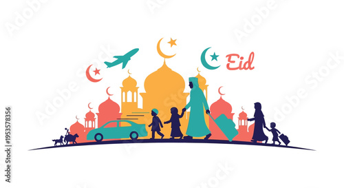 A festive eid al fitr scene with a family mosque and travel elements silhouette high quality professional