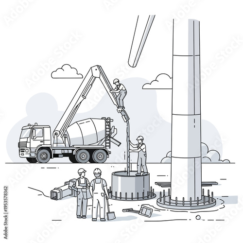 Construction workers pouring concrete from a mixer truck to build a large cylindrical structure