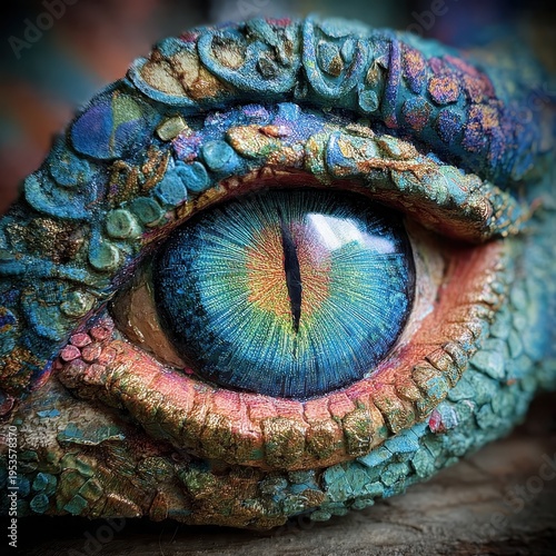 Close-up of a vibrant dragon eye, featuring a striking blue and green iris surrounded by richly textured, colorful scales. A mystical fantasy creature's gaze.
