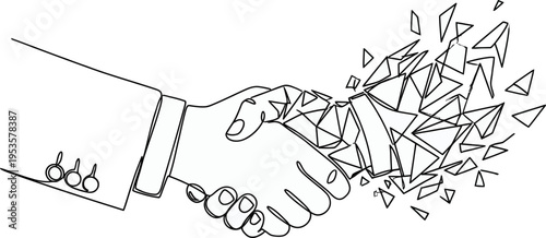 Continuous one line of a corrupt handshake dissolving into broken lines, drawn illustration.