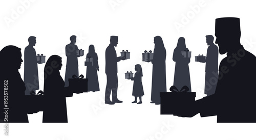 A group of people exchanging gifts during a celebration with a crescent moon silhouette high quality
