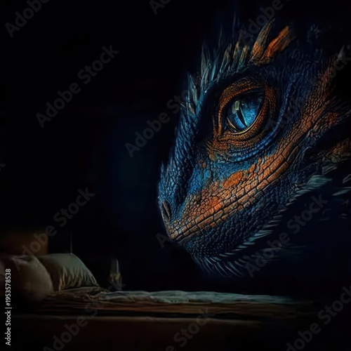 Night Watcher: A blue and orange scaled dragon with an intense blue eye peers over a bed in a dark, dreamlike bedroom, creating a sense of fantasy and wonder.