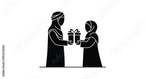 A striking black silhouette depicts two women exchanging a gift symbolizing connection and generosity silhouette