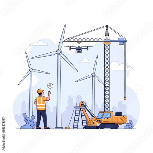 Engineer monitoring wind turbines with drone at construction site