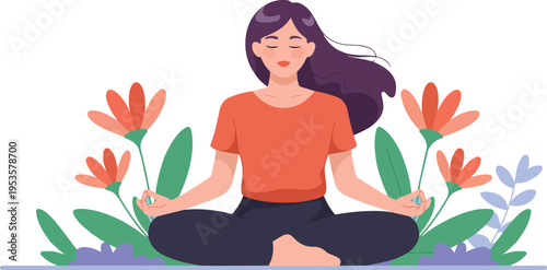 Woman sitting calmly with flower illustration background representing mental wellness yoga lifestyle meditation and selfcare minimal outline vector illustration