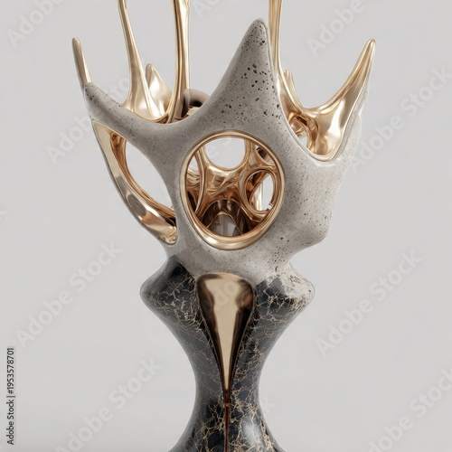 Abstract organic sculpture blending brutalist concrete texture with opulent gold metallic details and a dark marble base, an elegant contemporary art piece with intricate forms.