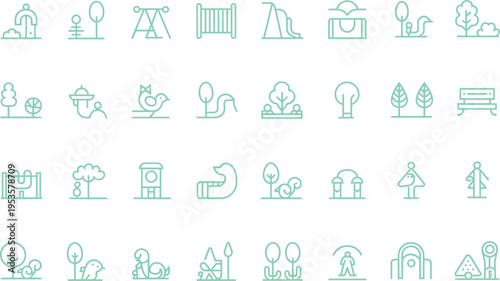 Minimalist park and playground icons set with slides, swings, trees, benches, birds, outdoor recreation design, clean vector illustration