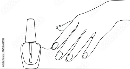 Continuous one line of a nail polish bottle and painted nails, representing manicure and style, drawn illustration.