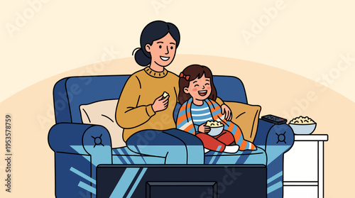 Mother Watching TV with Child Relaxing at Home Family Time