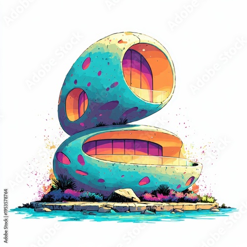 Vibrant Whimsical Pod House: Futuristic Organic Architecture by the Water, Illustrated in Bright Teal, Orange, and Pink Tones
