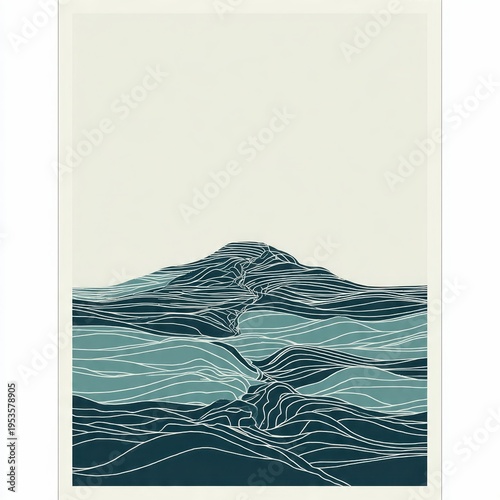 Abstract Serene Ocean Waves and Mountain Minimalist Illustration