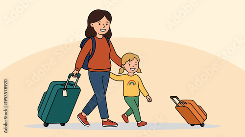 Mother Traveling with Child Carrying Suitcase Family Vacation Journey