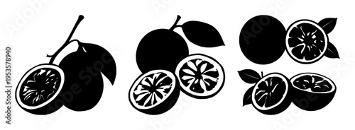 Passion fruit set with solid black silhouette of a whole passion fruit beside a passion fruit half on white background featuring exotic, botanical, fruit with silhouette and black