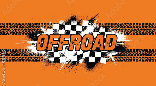 Offroad racing logo with orange background and checkered flag design elements and tire tracks