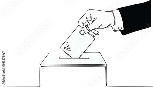 Continuous one line of a hand placing a vote in a ballot box, drawn illustration.
