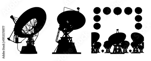 Satellite dish array set with solid black silhouette and white background featuring global data connectivity, geometric sharp profile with communication and technology