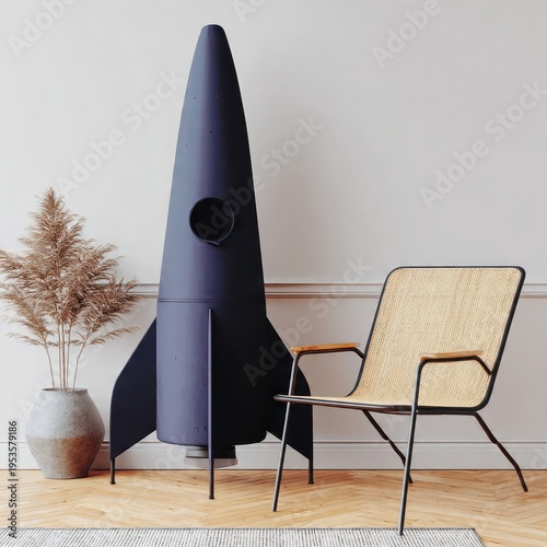 Modern and playful children's room interior with a unique rocket-shaped storage unit and a stylish Scandinavian design armchair, against a minimalist wall.