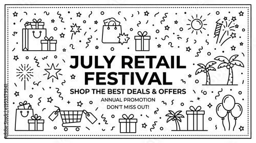 July Retail Festival Banner with Shopping and Holiday Elements