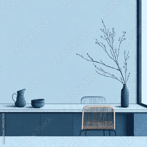 Minimalist modern interior design in serene monochromatic blue tones, featuring elegant furniture, organic branch decor, and a stylish woven chair in a bright, tranquil space.