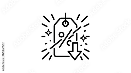 Discount Tag Icon with Sparkles and Down Arrow