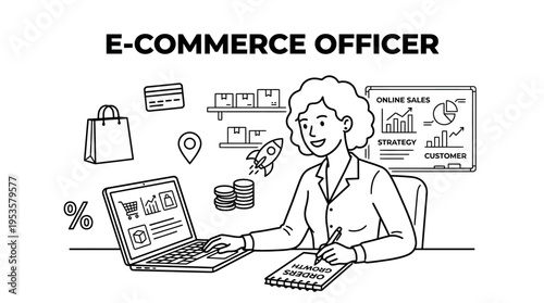 E-Commerce Officer Working on Laptop with Office Elements