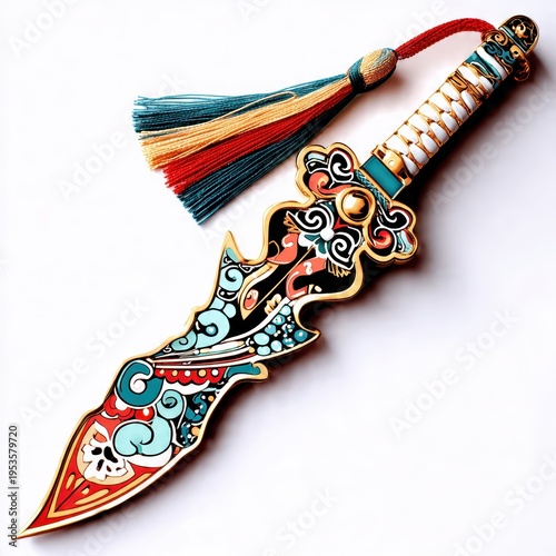 Ornate ceremonial dagger with intricate colorful patterns and silk tassel, depicting rich Asian cultural artistry.