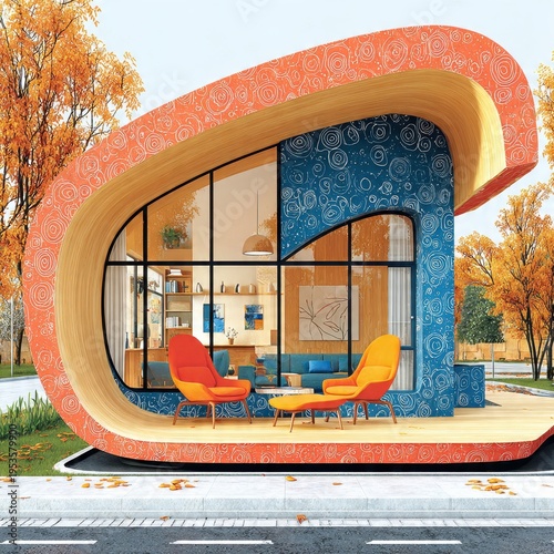 Vibrant Contemporary House with Unique Curved Facade, Stylish Interior, and Cozy Patio Set in a Scenic Autumn Landscape