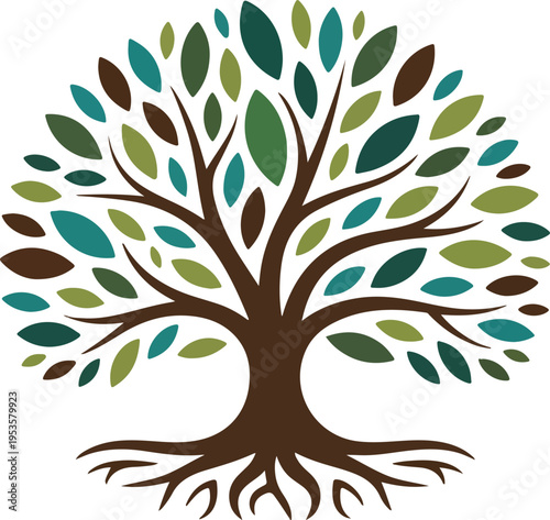 Tree of life with leaves and roots symbolizing nature growth balance and harmony minimal outline vector illustration design