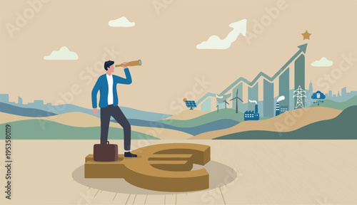 Europe financial visionary, economic forecast on European investment stock market concept, businessman investor standing Euro currency sign using telescope see market future.