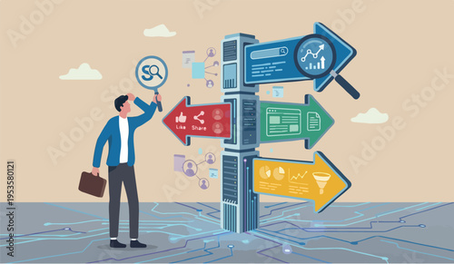 Digital roadmap process development research management improvement development worker working on internet and digital line with SEO magnifying glass