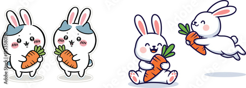 Cute bunny characters collection holding carrots in playful cartoon style