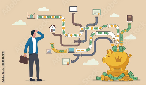 Multiple streams in the of income, passive income or revenue from invest in multi assets, side hustles to make money concept, rich businessman standing with multi cash flow from pipe into wealthy