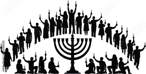 Black silhouettes of people holding candles around a menorah Hanukkah