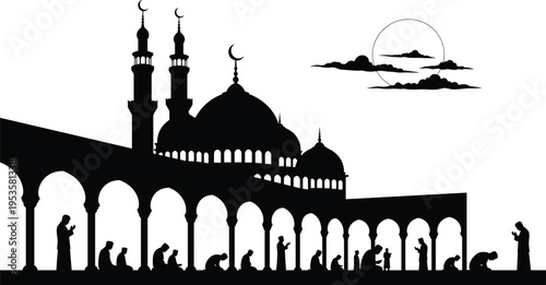 Black silhouette of people praying in front of a mosque with domes and minarets under a crescent moon