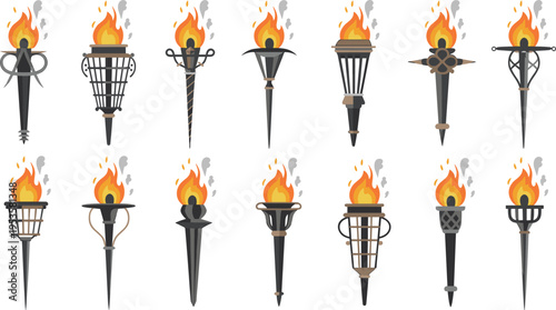 Set of fourteen flat medieval fantasy torch icons with orange flames and grey smoke on black iron sconce holders vector
