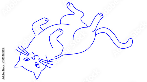 Chill cat doodle character in blue outline vector hand drawn cartoon feline laying down for cat cafe identity, pet subscription boxes, animal lover greeting cards and cozy lifestyle branding