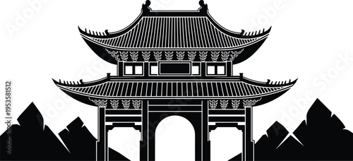 Traditional Asian Temple Gate Silhouette with Mountain Background Vector Illustration of Oriental Pagoda Architecture for Cultural Travel and Heritage - flavector