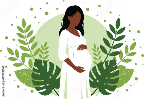 Pregnant African Woman in White Dress Holding Belly Surrounded by Green Leaves