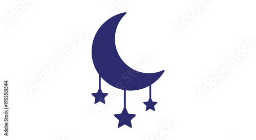 A dark blue crescent moon hangs with three stars creating a peaceful nighttime silhouette high quality