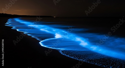 Bioluminescent Waves Glowing Blue on a Dark Beach at Night 2.