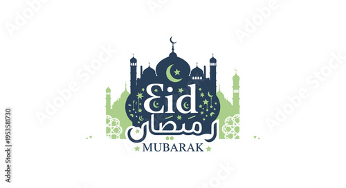 A vibrant eid mubarak graphic featuring a mosque and crescent moon silhouette high quality professional detailed