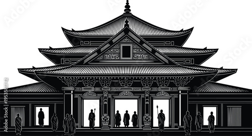 Traditional Buddhist Temple Building Facade Silhouette with Monks Standing at the Entrance Gates for Asian Cultural Heritage Design - flavector
