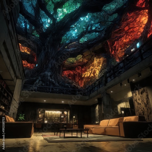 Luxurious modern interior design featuring a magnificent, illuminated tree canopy integrated into the ceiling, casting vibrant, colorful light over a sophisticated lounge area.