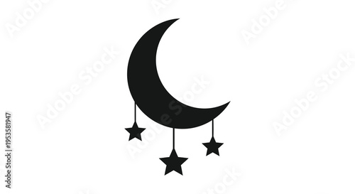 A striking crescent moon design with dangling stars presented as a dark silhouette high quality professional